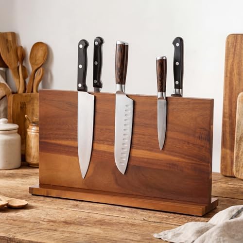 Hushee Extra Large Magnetic Knife Block Holder 15.75 Inches Acacia Wood Knife Block Rack Magnetic Universal Stand with Strong Enhanced Magnets Strip Kitchen Storage Cutlery Organizer Without Knifves