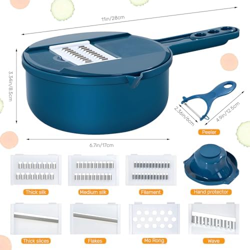 Multifunction mandoline slicer;vegetable chopper;vegetable slicer;food slicer;food chopper;chopper container;onion chopper;mandoline food slicer;vegetable cutter;chopping artifact (blue, 9 in 1)