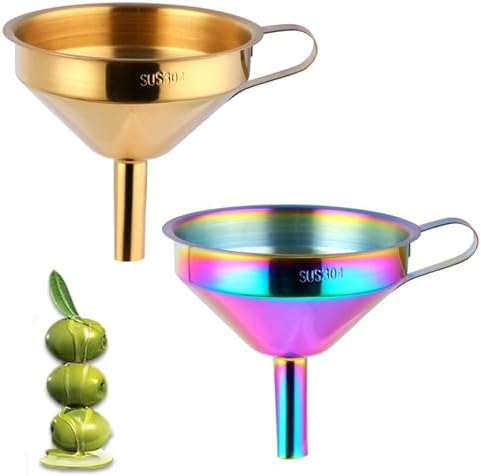 DOCBLACK Stainless Steel Funnel Set of 2, Stainless Steel Funnel with Removable Strainer and Handle, Food Grade Metal Kitchen Funnel for Fluid, Liquid, Oil, Powder Filling Bottles (Gold & Rainbow)