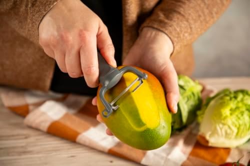 Kuhn Rikon Family Y Peeler, Serrated Vegetable Peeler for Tomatoes and Soft Skin Produce, Stainless Steel Potato Peeler, Grey