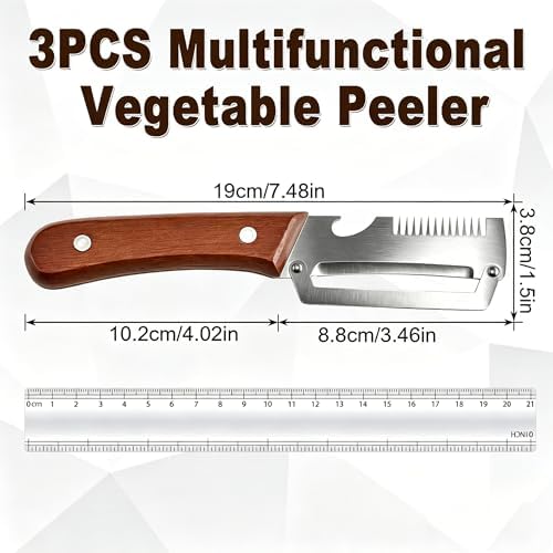 Vegetable Peeler with Wooden Handle, 3-in-1 Stainless Steel Julienne Peelers for Kitchen, Scallion Shredder & Built-in Bottle Opener, Fruit Potato Carrot Pumpkin Peeling Tool, 3 Pack
