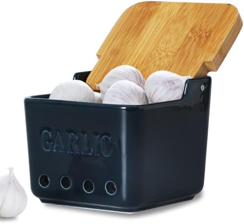ONTUBE Garlic Keeper with Lid, Ceramic Garlic Holder Storage 4.7-Inch (Navy)