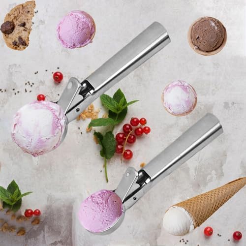 2 Pcs Ice Cream Scoop,Portable Stainless Steel Ice Cream Scoop, Icecream Scooper Spoon with Trigger Release for DIY Ice Cream,Fruit Scoop (Sliver, Medium & Large)