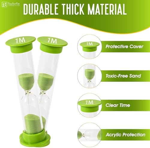Sand Timer for Kids - 1 Minute Set of 4 Hour Glass - Green Color- Acrylic Covered for Classroom, Home & Kids Room