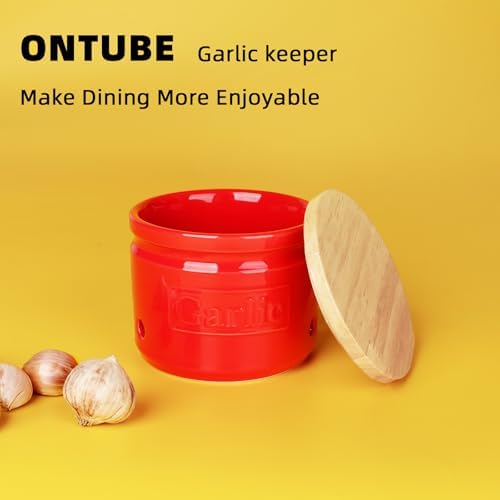 ONTUBE Ceramic Garlic Keeper with Wooden Lid 4-Inch,Garlic Holder (Red)