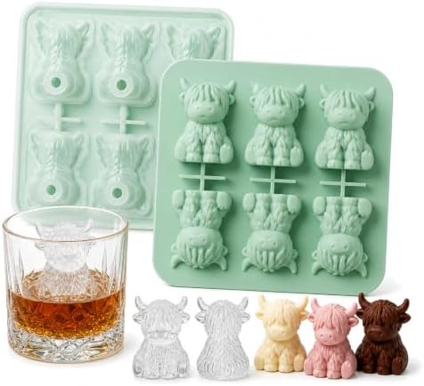 Highland Cow Ice Cube Mold, 3D Two-Part 6-Cavity Mold, 6.3-Inch