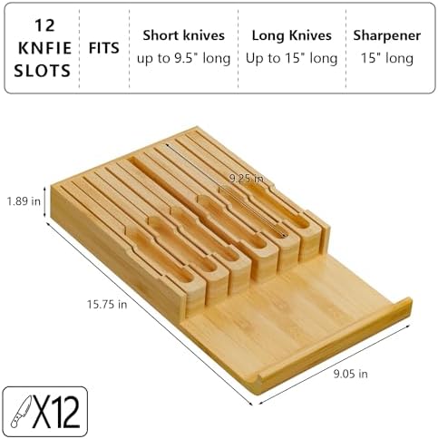 Domax Bamboo In-Drawer Knife Block - Kitchen Drawer Organizer Insert, Steak Knife Holder without Knives, Fits 12 Knives and 1 Sharpening Steel (Not Included), Natural