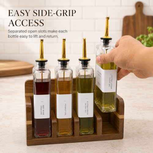 Oil and Vinegar Dispenser Set — 4 Glass Bottles with Open Bookshelf Acacia Wood Tray | 4 Pour Spouts, Silicone Funnel & Labels | Countertop Olive Oil Organizer for Kitchen (4, Clear, 12, ounces)