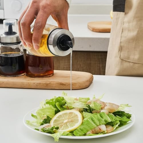 PARENCE. - Oil Bottle 200 ml with Pouring Cap - Glass and Stainless Steel Dispenser - Container for Oil, Vinegar, Sauce - 6.5 x 6.5 x 12.5 cm - Precise and Dripless Pouring