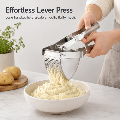 Potato Ricer, Stainless Steel Potato Masher, Heavy Duty Food Masher, Potatos Ricer Kitchen Tool for Mashed Potatos Avocado Pumpkin Baby Food Puree, Large Capacity, Dishwasher Safe
