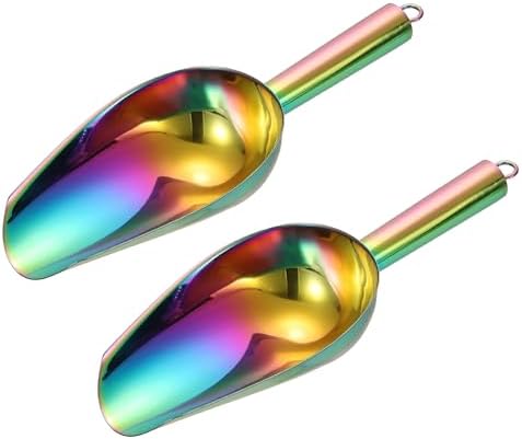 uxcell 2pcs Metal Ice Scoop, 9.8" x 3.5"Stainless Steel Ice Scooper for Kitchen Party Bar Wedding Use, Rainbow