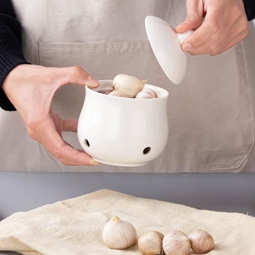Garlic Keeper for Counter Ceramic Garlic Holder with Lid Breathable Holes Storage Container for Kitchen Countertop Holder