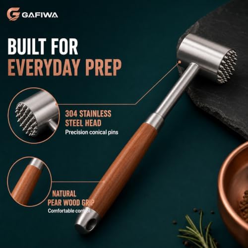 Stainless Steel Meat Tenderizer Tool, Heavy Duty Meat Mallet Hammer with Ergonomic Non-Slip Handle, Dual-Sided Meat Pounder for Steak, Chicken, Pork, Beef, Dishwasher Safe Kitchen Tool. (Wood Handle)