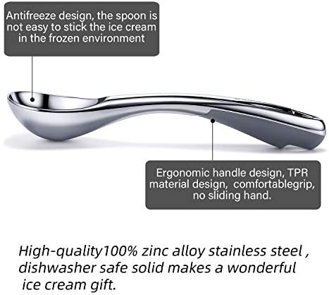 Heavy Duty Ice Cream Scoop, Commercial Ice Cream Scoop with Hook Longer Professional Antifreeze-Metal Easy-Grip Unbreakable,High Qality Zinc Alloy(Silver)
