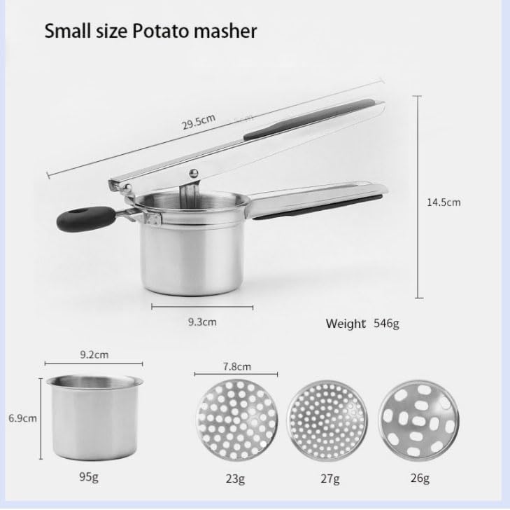 Potato Ricer, Heavy Duty Stainless Steel Potato Masher and Ricer Kitchen Tool, Press and Mash Kitchen Gadget (Silicone handle), Silver