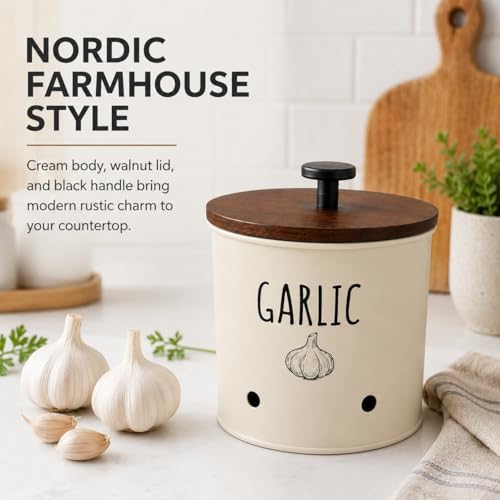 Garlic Keeper for Counter with Wooden Lid - Nordic Design Garlic Storage Container with Handle, Kitchen Organizer Jar, Housewarming Gift for Home Decor