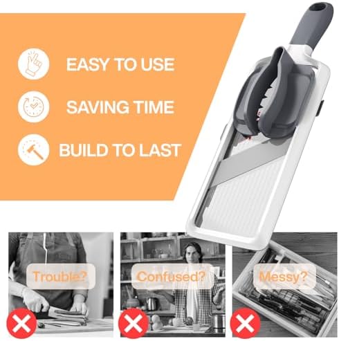 ZKIRON Mandoline Slicer Safety Set – Multi Handheld Mandoline Slicer with 2 Safety Hand Guards – Adjustable Blades, Secure Grip & Enhanced Protection for Fast Meal Prep (Gray)
