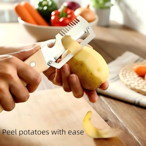 2-Piece Multi-Function Kitchen Peeler Set, 3-in-1 Stainless Steel Peeler with Built-in Bottle Opener and Non-Slip Wooden Handle, for Peeling Pumpkins, Potatoes, and Other Fruits and Vegetables