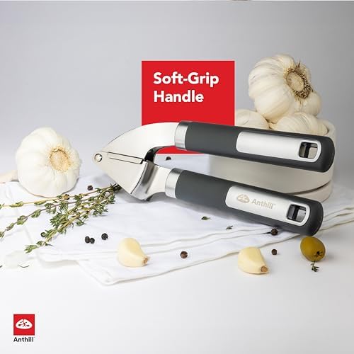 Anthill Premium – Heavy Duty Garlic Press - Stainless Steel – Rust proof – Dishwasher Safe – Garlic Mincer tool – Easy-Clean with Soft Grip Handle – Strong and Durable – Press Garlic with ease (Grey)