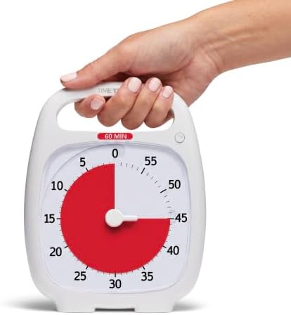 Time Timer Plus 60 Minute Desk Visual Timer — Countdown Timer with Portable Handle for Classroom, Office, Homeschooling, Study Tool with Silent Operation (White)