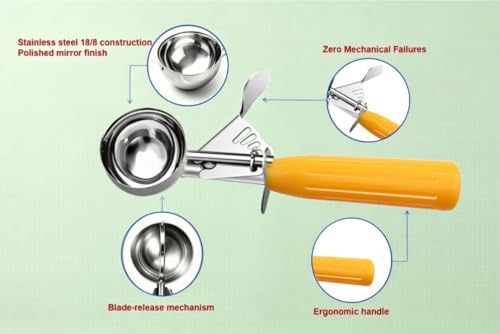 TOPKITCHEN Commercial-Grade Ice Cream Scoop 1.63 oz, 18/8 Stainless Steel Cookie Scoop with Plastic Handle, Portion Control Disher Scoop for Bakeries, Restaurants & Dessert Shops, #20, Yellow
