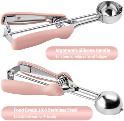 Cookie Scoops for Baking Set of 2, Pink Handle 18/8 Stainless Steel Ice Cream Scoop Set with Ergonomic Soft Grip, Spring Trigger Release Cookie Dough Scooper for Cupcakes, Muffins, Meatballs, Melon