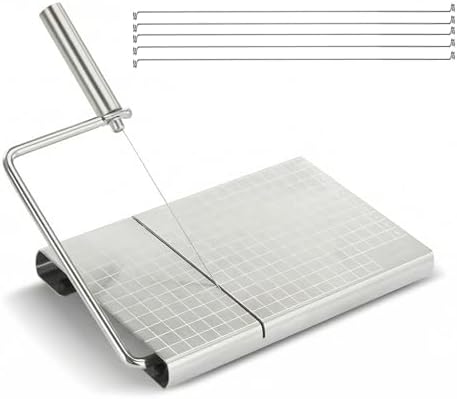 Versatile Stainless Steel Cheese Slicer with 6 Replacement Wires & Cutting Board Metal Cheese Cutter for Block Cheese Slices (Silver)