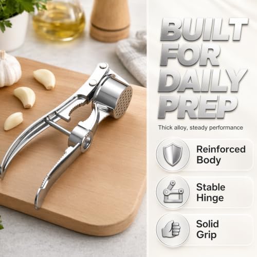 Heavy Duty Manual Garlic Press, Alloy Garlic Ginger Crusher, Easy-Squeeze Garlic Mincer with Ergonomic Handle, Easy Squeeze Kitchen Essential (Small)