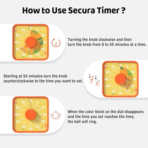 Secura 60-Minute Visual Countdown Timer, 7.5-Inch Oversize Classroom Visual Timer for Kids and Adults, Durable Mechanical Kitchen Timer Clock with Magnetic Backing (Animal & Orange)