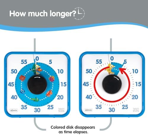 Visual Timer 7.5 inch, 60-Minute Countdown Timer for Kids Classroom Teaching Tool Office Meeting, Mechanical Countdown Clock for Exam Time Management Magnetic Kitchen Timer with Fish Pattern, Blue