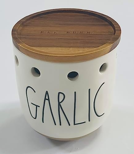 Rae Dunn by Magenta Ceramic GARLIC Keeper Wood Lid 4.5" Tall 4" Diameter