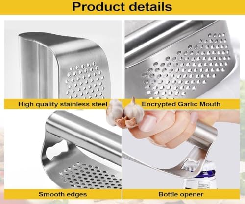 Garlic Press Set,Garlic Press Rocker Heavy Duty Stainless Steel Garlic Mincer, Garlic Chopper with Peeler And Cleaning Brush for Smash Garlic Kitchen Tools(1Set)
