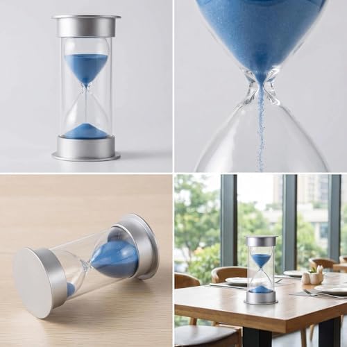 Hourglass Sand Timer 5 Minutes, Dual Protection Hour Glass with Sand, Sand Timer for Kids Safety, Sand Clock Watch, Creative Gift, Living Room Office Decorative (Silver Cover with Blue Sand)
