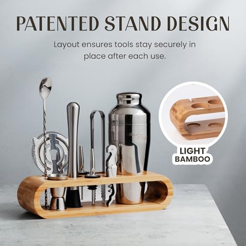 Mixology & Craft Cocktail Shaker Set with Bamboo Stand - Professional10-Piece Bartender Kit, Complete Bar Set for Home Use with Jigger, Muddler, Strainer, Spoon, Pourers & Corkscrew (Silver)