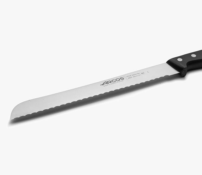 Arcos Bread Knife 10 Inch Nitrum Stainless Steel and 250 mm blade. Obtain a great variety of cuts for your food. Ideal knife for daily domestic use. Series Universal. Color Black.