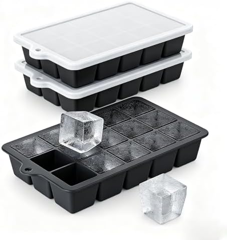 Silicone Ice Cube Tray 3 Pack - EASY RELEASE ice cube tray with lid, BPA Free Ice Cubes Trays for Freezer,ice cube mold for Cocktail,Whiskey (Black)