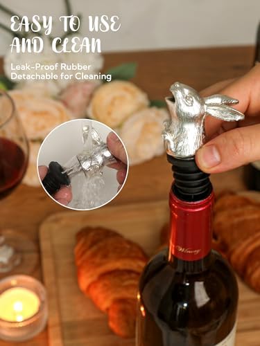 Bunny Rabbit Wine Bottle Pourer and Stopper, Metal Animal Liquor Pour Spout for Wine, Whiskey, Olive Oil, No-Drip Universal Fit Bar Accessory, Cute Bunny Gift for Easter, Housewarming, Party