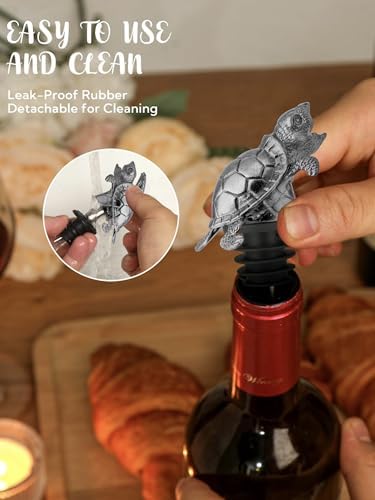 Sea Turtle Wine Pourer Bottle Stopper, Metal Animal Wine Aerator Spout with Leak-Proof Rubber, Universal Fit for Wine & Liquor Bottles, Drip-Free Turtle Wine Topper Bar Accessory Gifts for Wine Lovers
