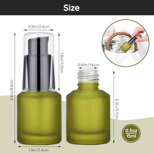 Segbeauty 0.5oz Frosted Glass Travel Size Containers for Lotions, 3pcs Mini Empty Lotion Bottles Pump Dispenser Refillable, 15ml Green Travel Containers for Creams, Small Hair Oil Pump Bottle Liquids