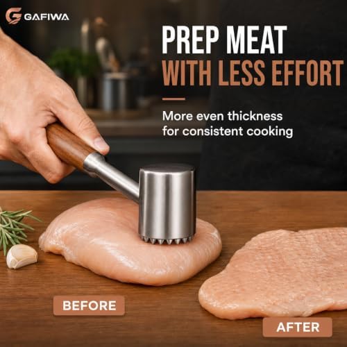 Stainless Steel Meat Tenderizer Tool, Heavy Duty Meat Mallet Hammer with Ergonomic Non-Slip Handle, Dual-Sided Meat Pounder for Steak, Chicken, Pork, Beef, Dishwasher Safe Kitchen Tool. (Wood Handle)