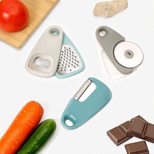 TopHomer Kitchen Gadgets Set 5 Pcs, Cheese Grater, Pizza Cutter, Bottle Opener, Vegetable Peeler,Garlic/Ginger Grinder, for Travel, Camping