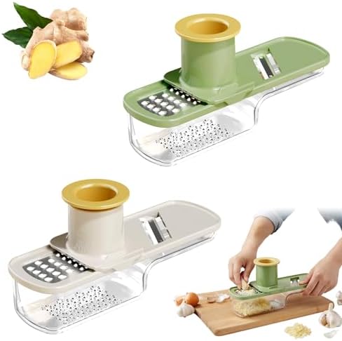 Manual Garlic Mincer, 3 in 1 Clear Manual Garlic and Garlic Slicer, Multi-Functional Garlic Press with Container Compact Garlic Mincer Tool, Ginger, Herbs Kitchen Gadget (Green + White)