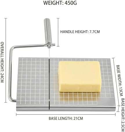 Versatile Stainless Steel Cheese Slicer with 6 Replacement Wires & Cutting Board Metal Cheese Cutter for Block Cheese Slices (Silver)