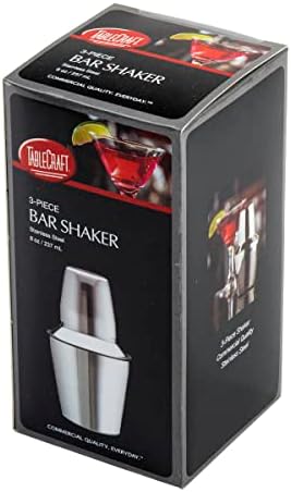 TableCraft 375 3-Piece Stainless Steel Cocktail Shaker, Bar Shaker with Built-In Strainer for Bartenders, Perfect for Mixing Cocktails, Margaritas – Durable Stainless Steel, Dishwasher Safe, 8oz