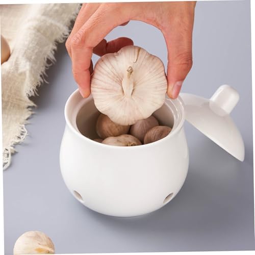 Garlic Keeper for Counter Ceramic Garlic Holder with Lid Breathable Holes Storage Container for Kitchen Countertop Holder