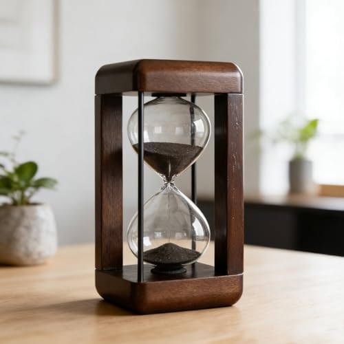 Large 60 Minute Hourglass Timer with Walnut Wood, Metal Frame, Black Sand