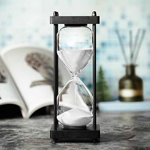 Hourglass Timer 60 Minute, Black Wooden Sand Timer, White
