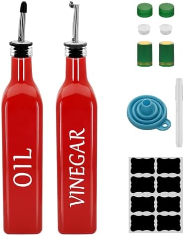 Olive Oil Dispenser Bottle,2 Pcs 17oz 500ml Glass O il and Vinegar Dispenser Set with 2 Stainless Steel Pourers, 8 Labels,Funnel Vinegar Bottles for Kitchen (Red)