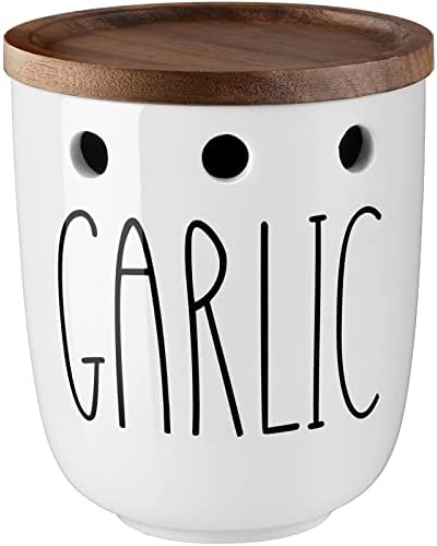 DAYYET Garlic Keeper for Counter, Ceramic Garlic Keeper with Non-Sealed Acacia Wood Lid, Garlic Holder Storage Container to Keep Your Garlic Cloves Fresh Longer, Garlic Saver for Kitchen, White
