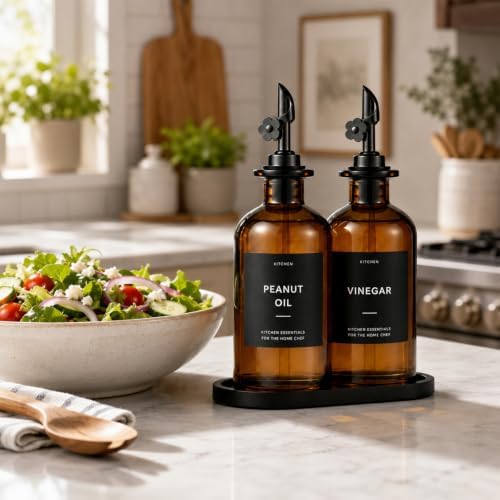 Olive Oil Dispenser for Kitchen, 2-Pack 12oz Glass Bottle with Black Labels